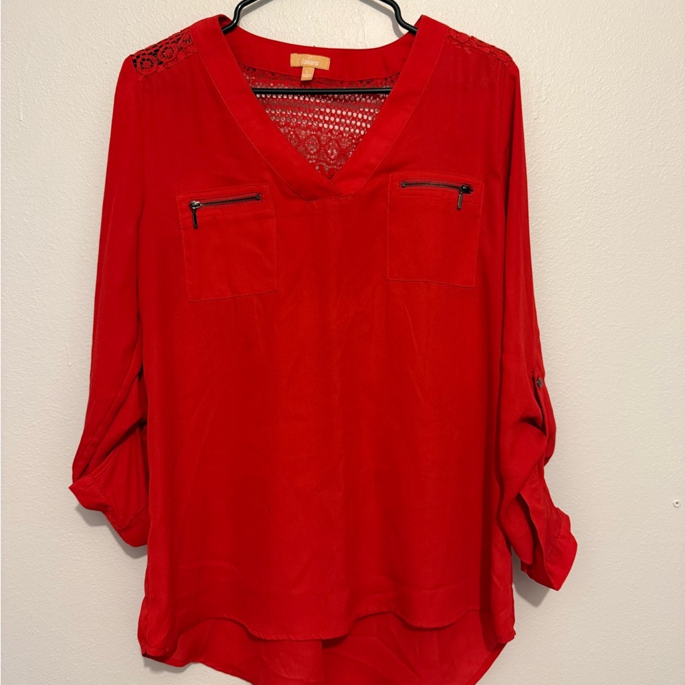 Takara Red Cuffed Sleeve Blouse Relaxed Fit